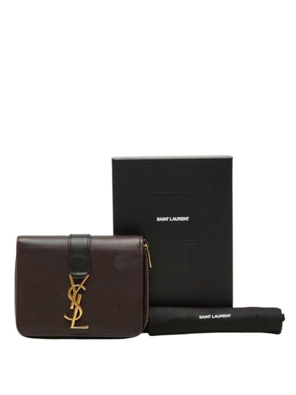 Saint Laurent YSL Logo Cassandra Compact Wallet Bifold Brown Black Leather - Picture 10 of 10